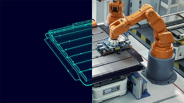 Digital twin of robotic arms working on a battery.