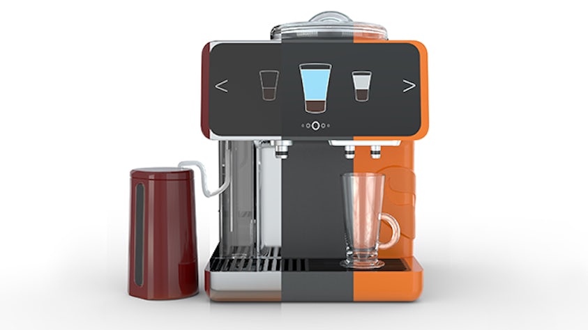 An HD3D rendering of a coffee machine design in NX CAD. It has maroon and orange colorings, a digital screen and a glass coffee cup.