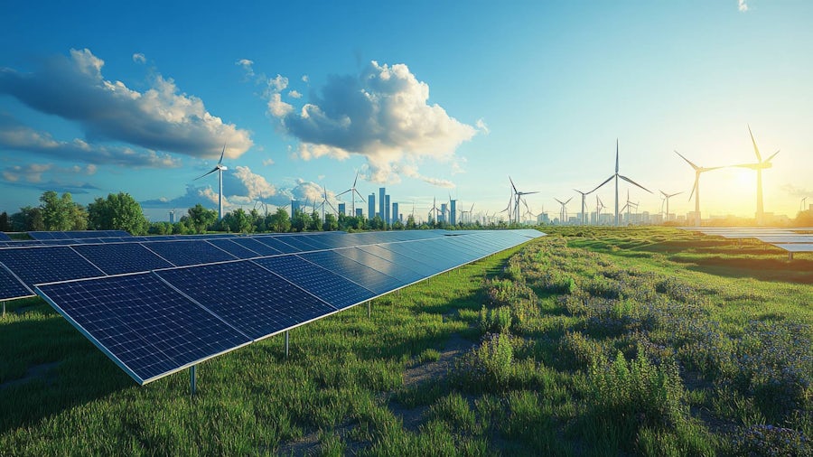 Energy grid surrounded by wind turbines outside of a vibrant city. 
