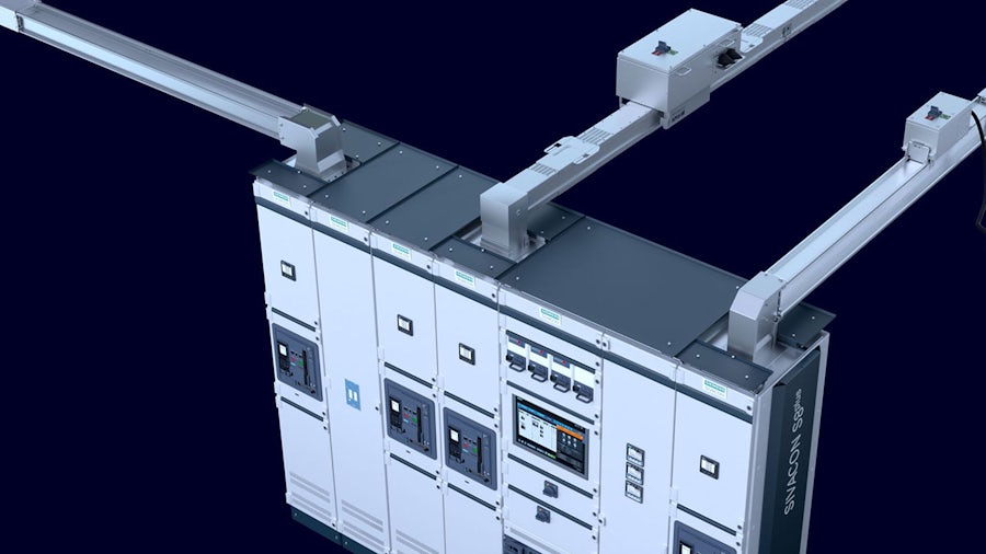 A Siemens SIVACON S8plus electrical distribution board, a modular system for power distribution, with busbar trunking extending from the top against a dark blue background.
