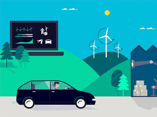 An infographic of a car, wind turbines and a factory representing climate emergency.
