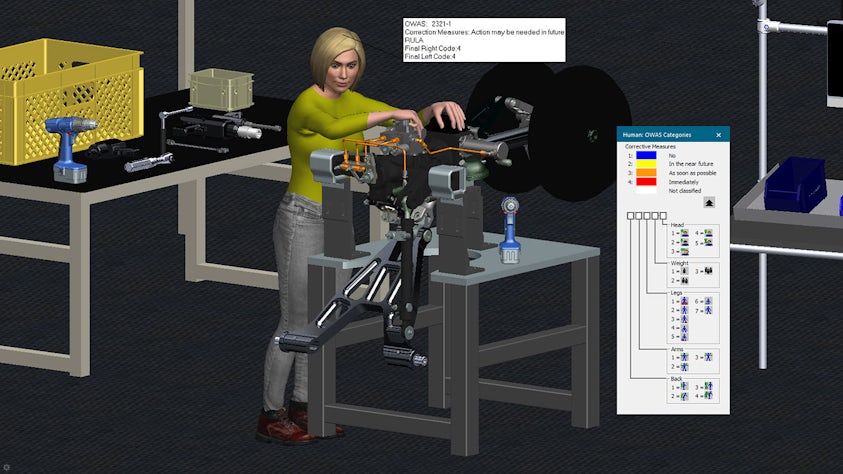 Ergonomic analysis of the posture for a virtual human performing tasks on a 3D airplane landing gear assembly model in Process Simulate Human software.