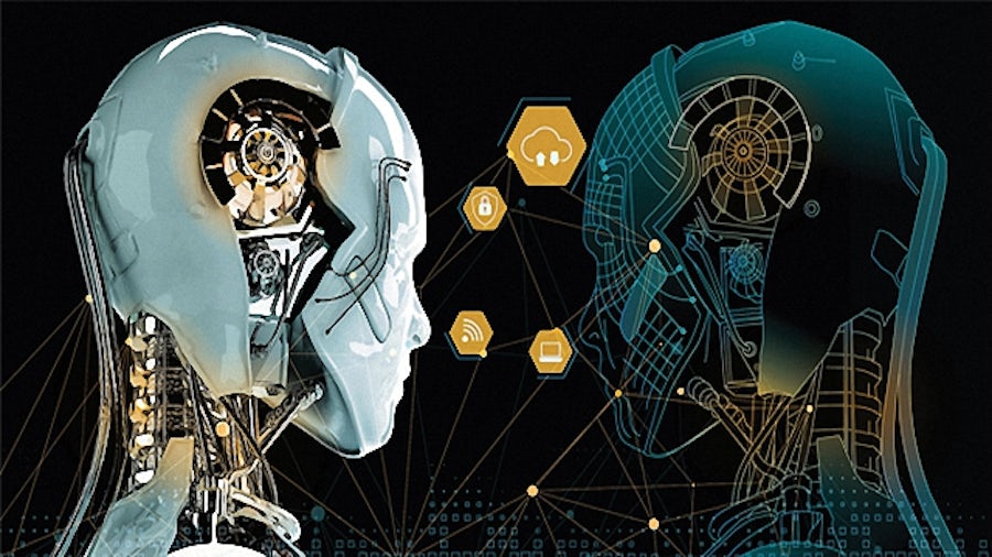 An android robot and its digital twin represent closed-loop validation for design engineers.