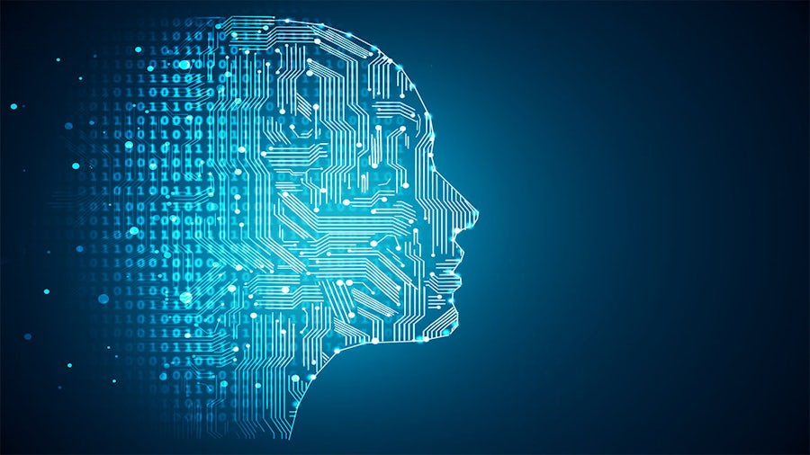 stylized picture of human head profile with binary code on the left fading into electronic circuitry. The image, signifying artificial intelligence,  is on a blue background 