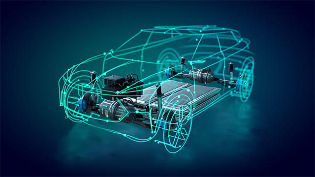 電気自動車のパワートレインに重ね合わされた自動車フレームのグラフィック。