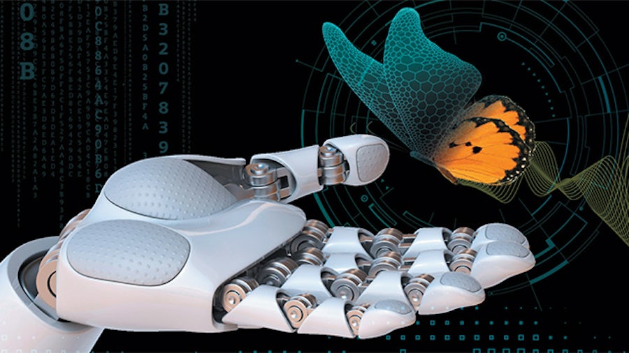 Mechanická robotická ruka natahující se k digitalizovanému motýlovi