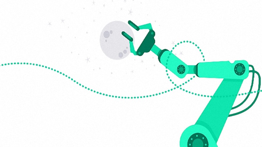 An industrial machinery robotic arm reaches for the stars and the moon in the sky with a dotted line representing PLM traces across the image.