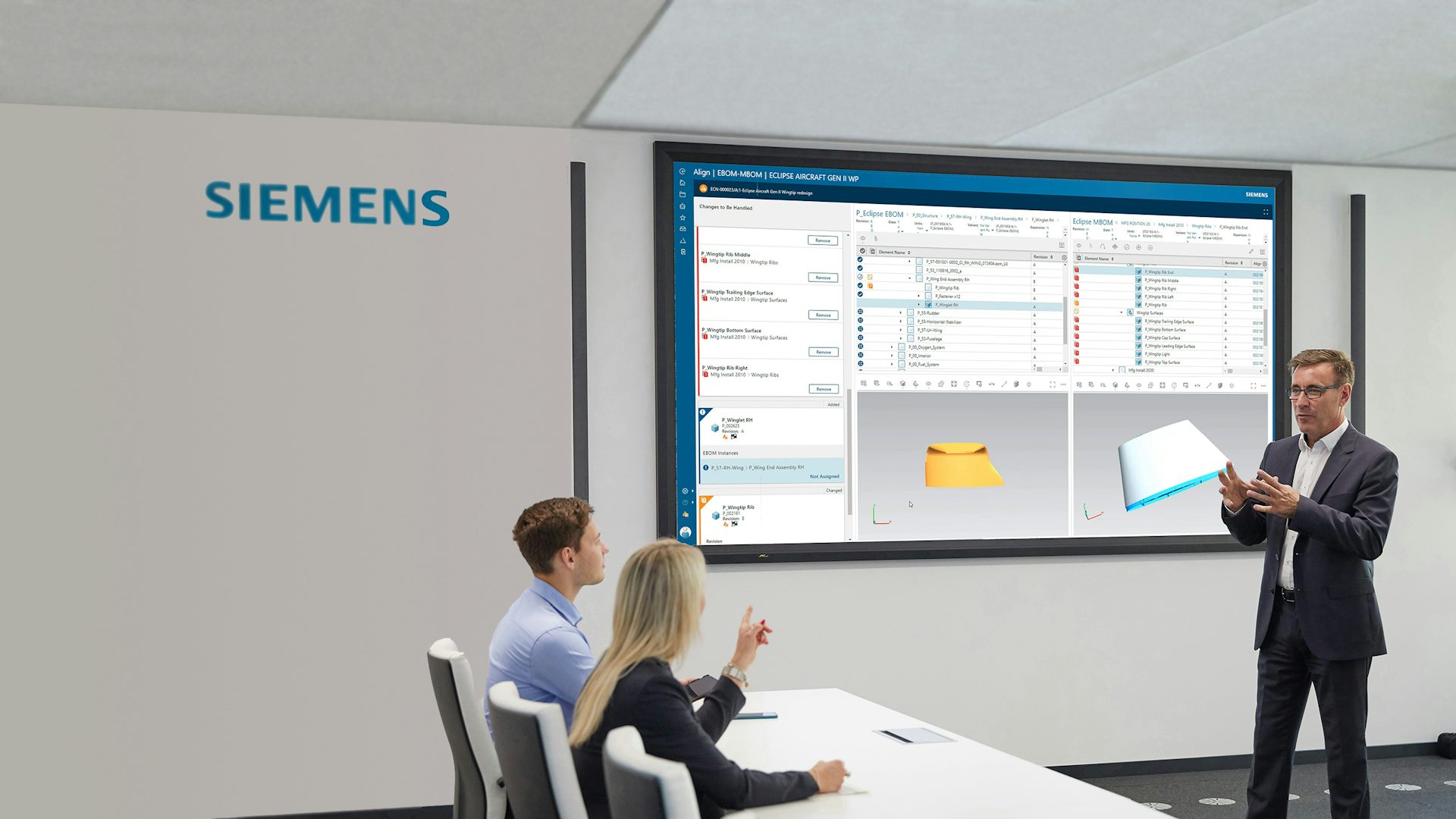Three manufacturing planners review a process plan using Siemens software on a large screen in a meeting room.