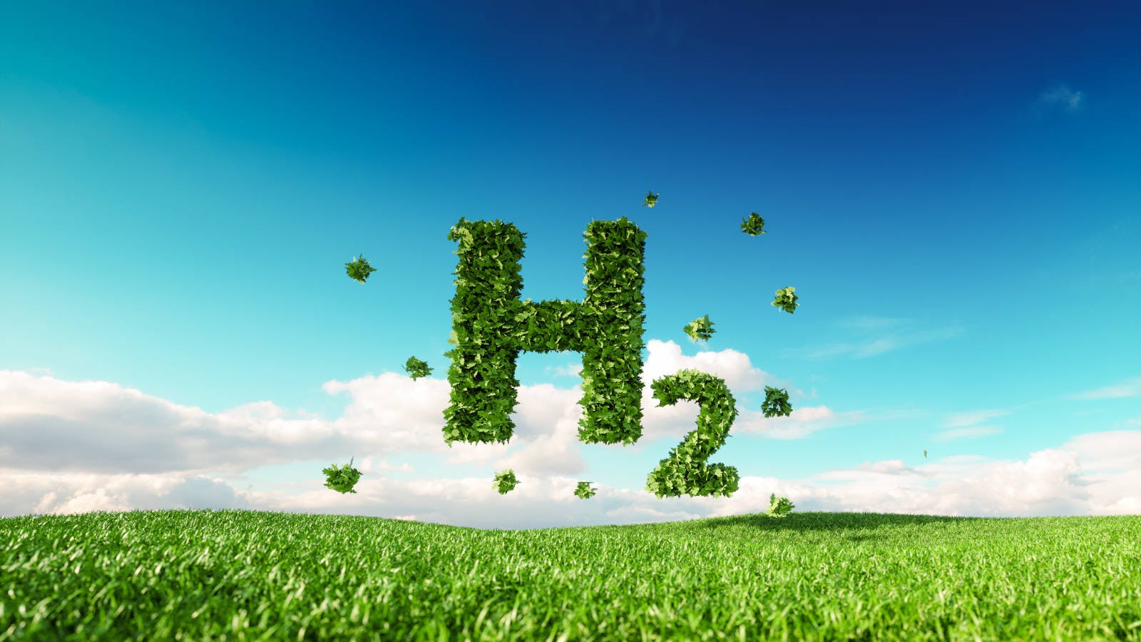 Green-colored H2 hydrogen formula over grass