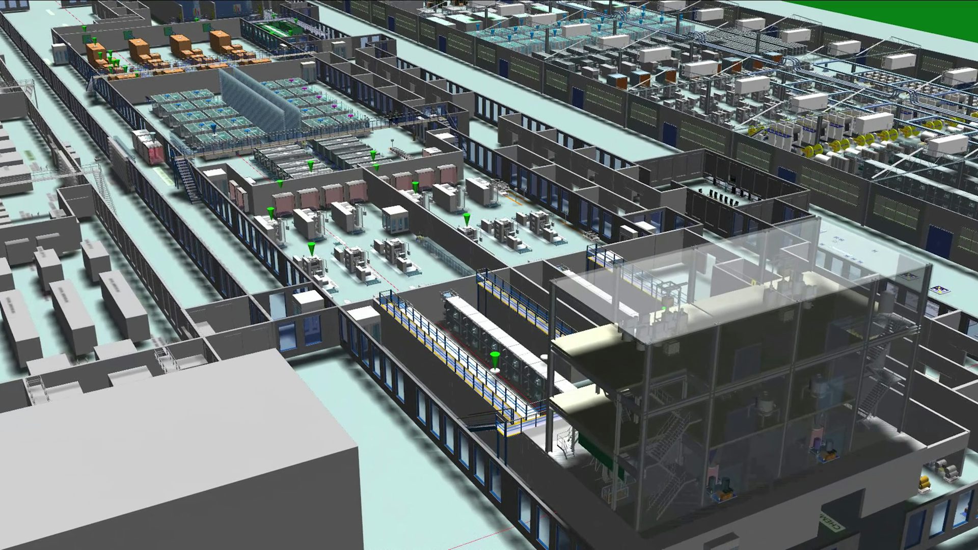 Battery production 3D simulation model shown in Tecnomatix Plant Simulation software.