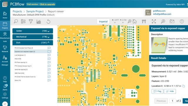 PCBflow PCB DFM report exposed via to exposed copper