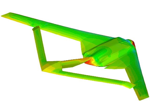 An aircraft model from the Simcenter Zona software. It enables you to simulate aircraft structure aeroelasticity at any Mach number with industry-proven solvers.