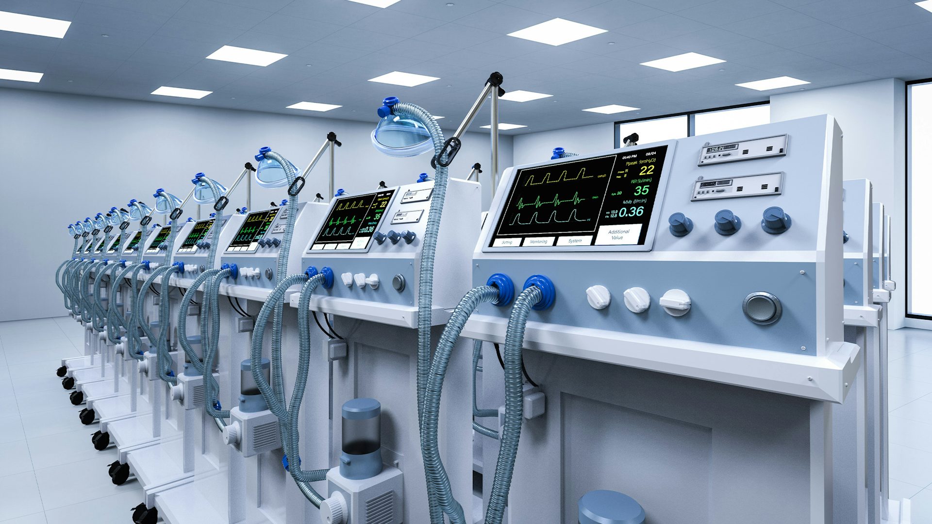 Group of ventilator machines in a medical device manufacturing facility.
