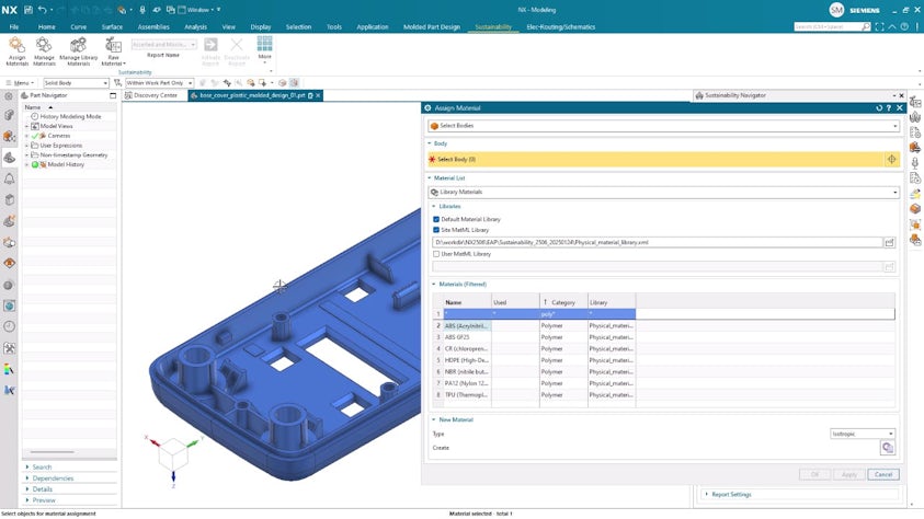 Designcenter NX Design for Sustainability materials library for assigning a material to a plastic molded part