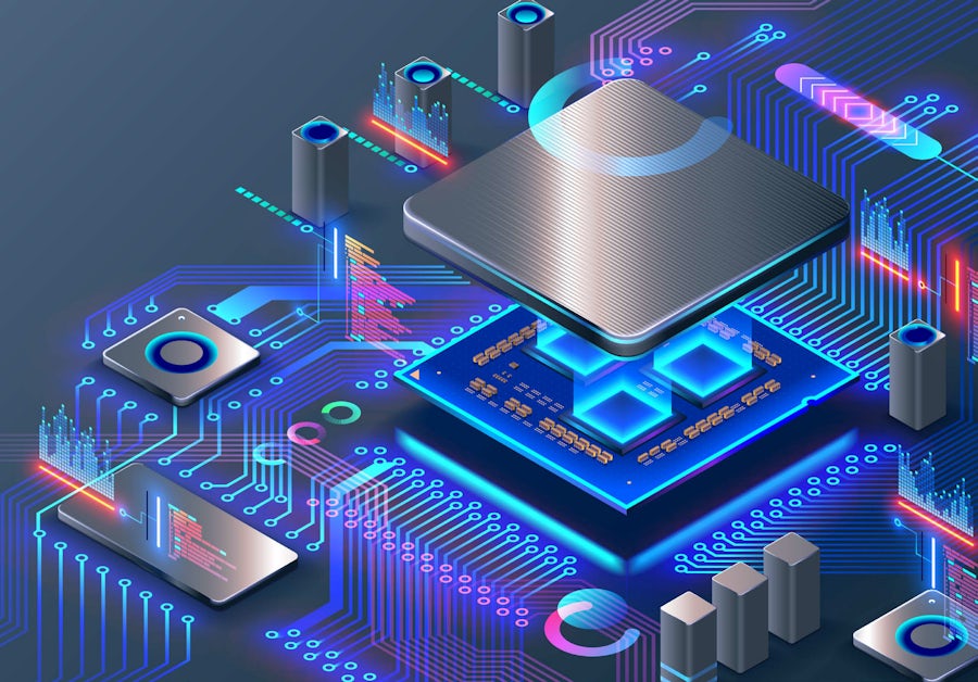Graphical depiction of digital transformation for smart semiconductor manufacturing featuring chip
