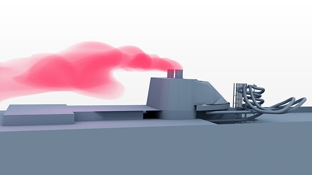 Simulations showing the exhaust gas plume before (above) and after (below) a funnel extension is added.