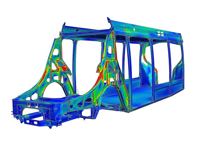 CFD-Simulation eines Fahrzeugbauteils, das mit der Software Simcenter Nastran erstellt wurde.