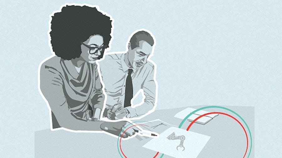 An illustration of two engineers working on the design document of an industrial machine.
