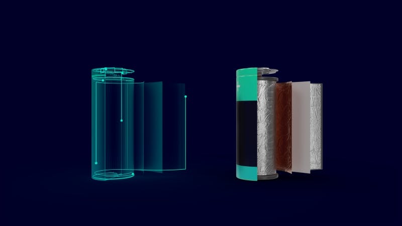 A battery cell next to its digital twin.
