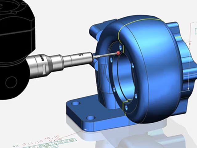 NX CAM software simulation showing a coordinate measuring machine (CMM) probe inspecting the internal features of a blue turbocharger housing model, highlighting precision measurement and quality control processes.
