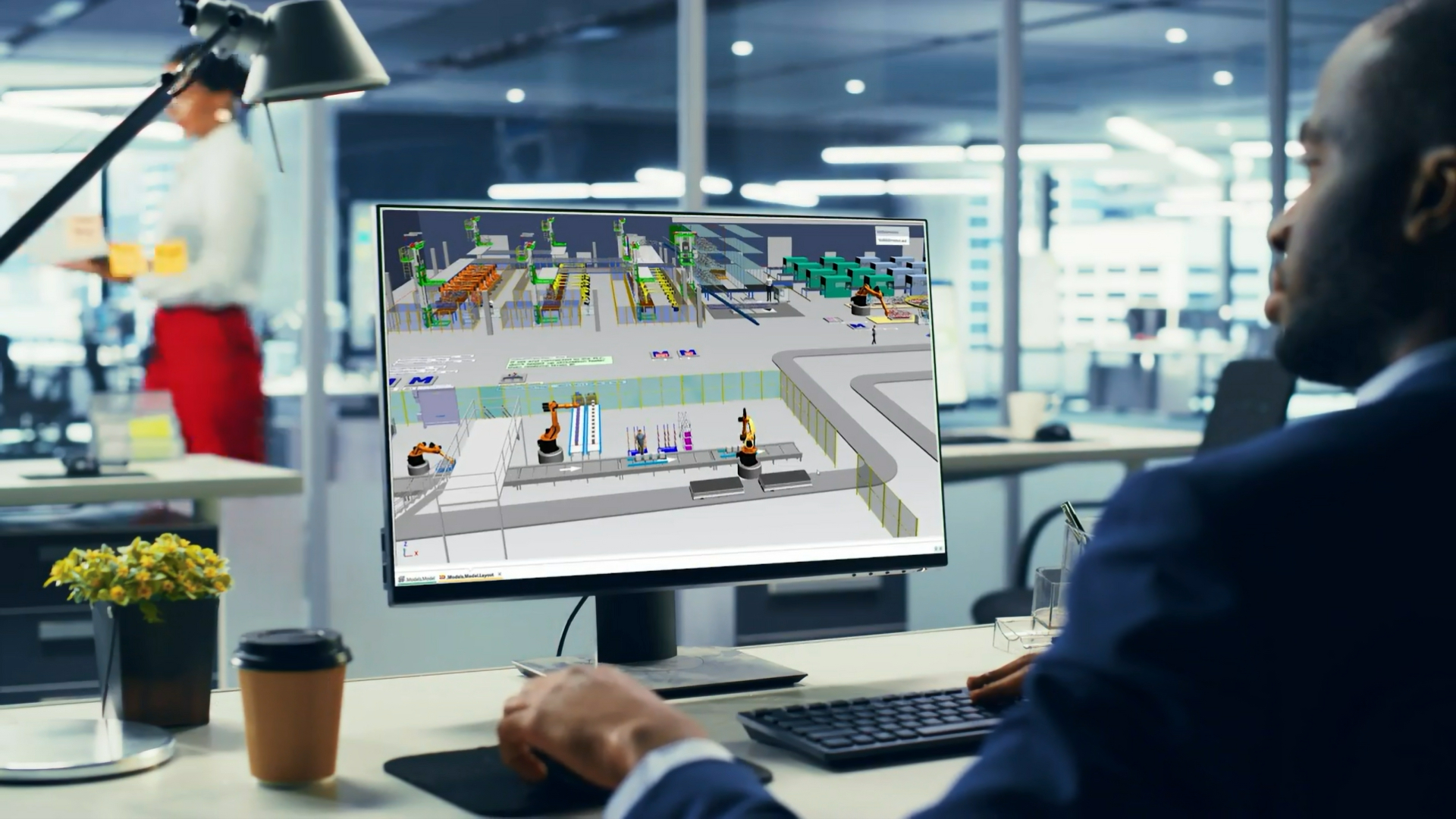 A future automotive manufacturing factory using advanced robotics and automation.