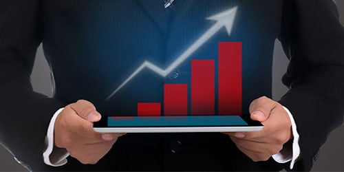 A businessman holds an imaginary bar graph with an upward trend.