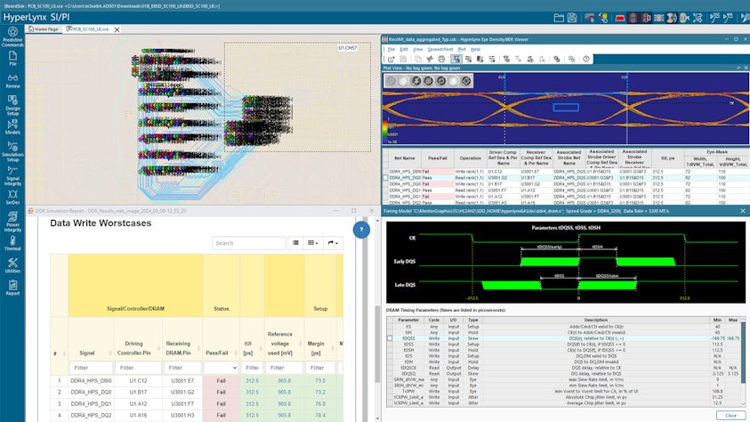 Hyperlynx PCB simulation screen shot of the reporting interface as an eyediagram and an html report for overall Design and Verification.