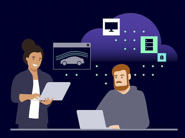 Illustration of a man and a woman using laptops representing Simcenter X.