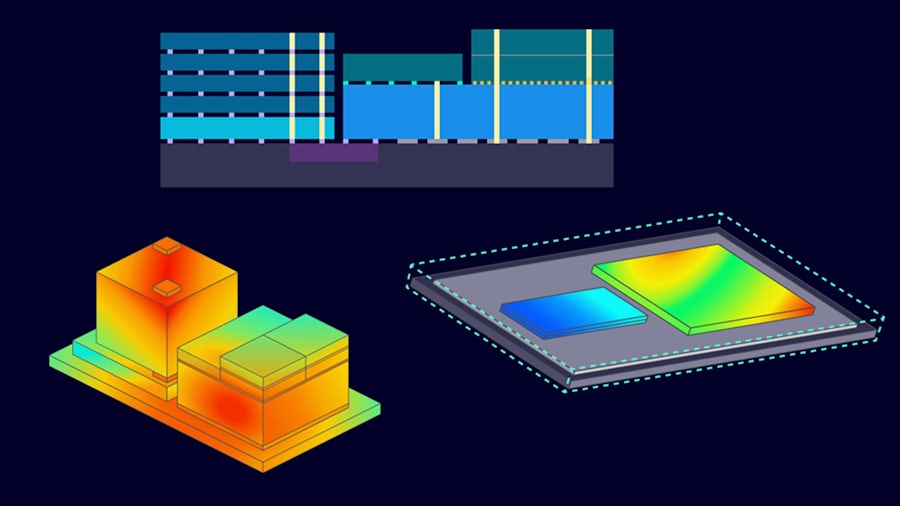 Illustrations of a 3D IC stacked assembly along with heatmap images of thermos-mechanical stress simulations.