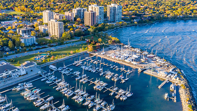 Aerial Bill Hill Promenade Park at the lakeside of Lake Ontario, Oakville, Canada.