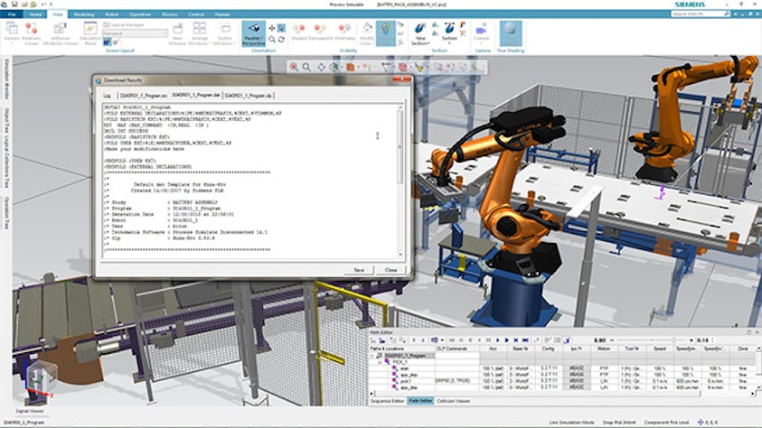 Tecnomatix Process Simulate OLP environment for 3D robotic offline programming and program download.