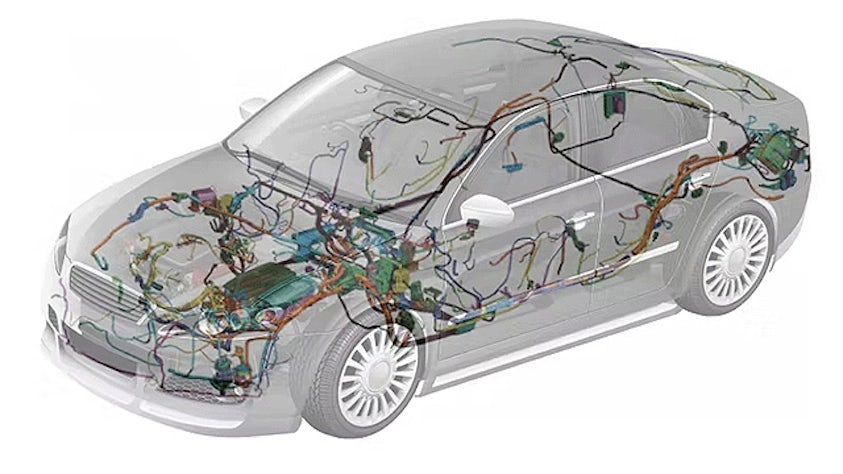 Representación del modelado de arneses eléctricos en un automóvil.