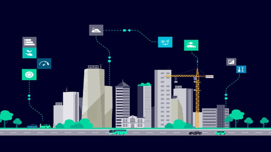 Illustration of a smart cityscape with buildings, trees, vehicles, and tech icons linked by dotted lines. Icons show CO2 emissions, renewable energy, transport efficiency, and construction metrics. A yellow crane stands prominently.