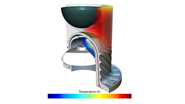 Figure 6: Volume-rendered temperature distribution of exhaust gas and helium.