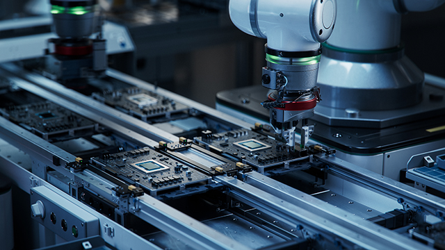 Robot arms perform component installation and quality control on a black circuit board in a fully automated PCB assembly line at an electronics manufacturing factory.