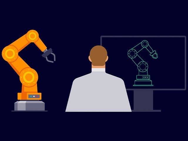 Illustration of a person observing a physical robotic arm on the left and its corresponding digital model on a computer screen on the right.