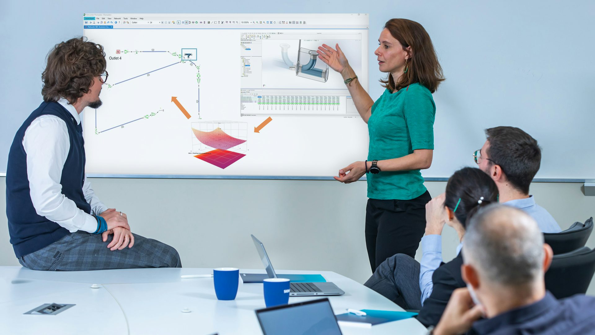 Simcenter Flomasterソフトウェアを画面に表示して、モデルベースのエンジニアリングを数人に説明するエンジニア。