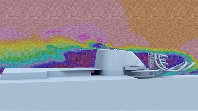 Aerodynamic simulation of exhaust gas on a cruise ship using Simcenter STAR-CCM+.