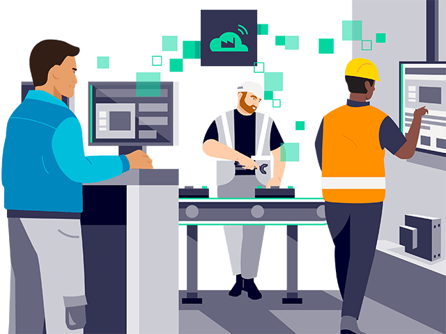 Illustration of three factory technicians gathering manufacturing data from their cloud SaaS manufacturing process management system. Overlay of images displaying data transfer. 