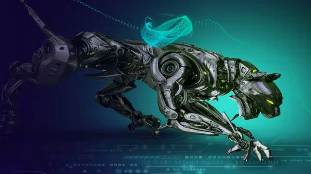 Un perro robótico de gran tamaño sobre fondo azul que transmite alta tecnología.