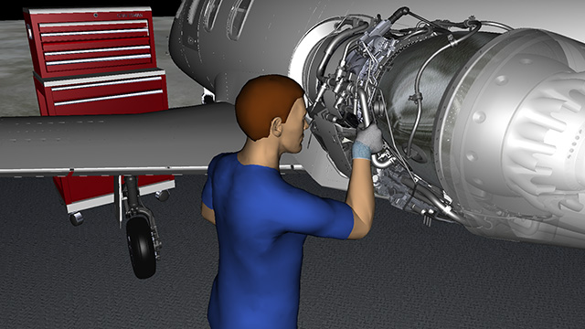 Modello umano virtuale che esegue interventi di manutenzione su un modello di aeroplano 3D nel software Process Simulate Human.