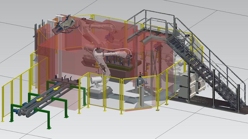 Robots and their safety zones displayed in a Process Simulate software 3D simulation model.