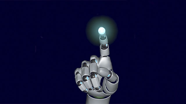 Immagine di una mano robotica con il dito indice alzato e illuminato.