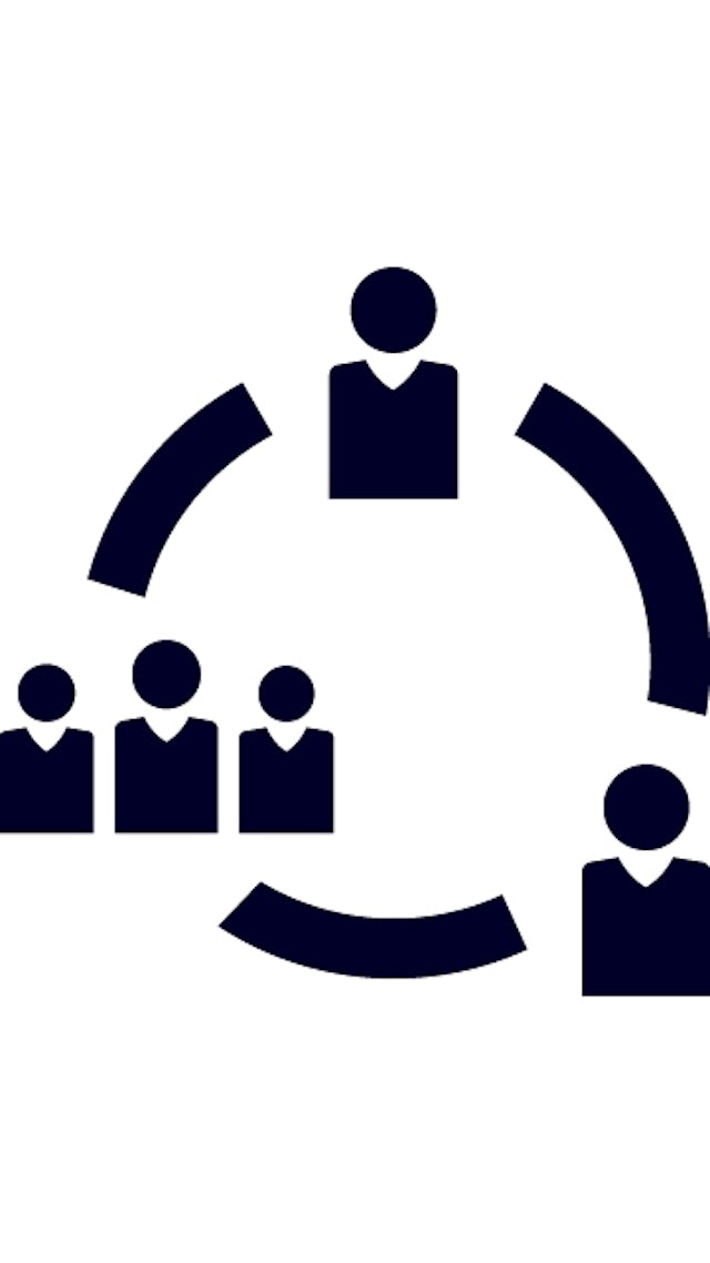 Icons of a person linked to another person linked to a group and back to the first person in a cycle, system or process loop.