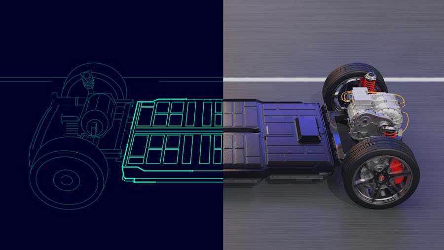 A split image of an automotive chassis showing the simulated parts on the right and a wireframe digital twin on the left.