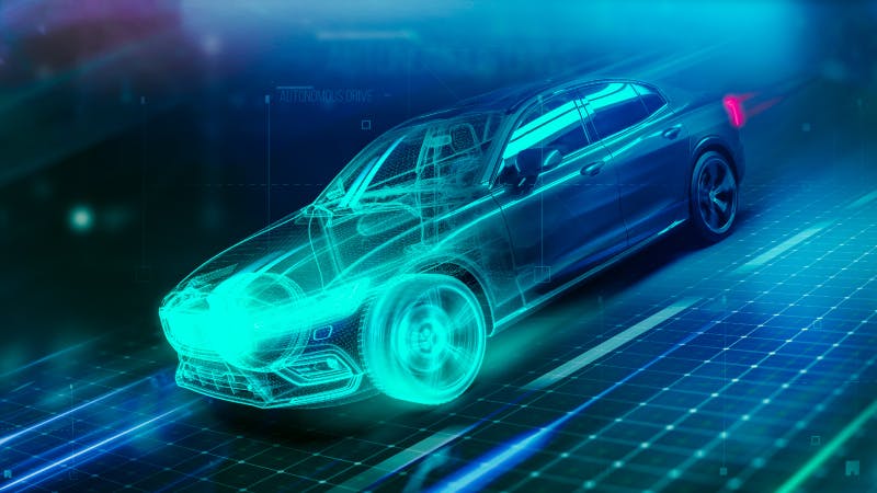 ECUソフトウェアを使用して設計された自動車が透明なグリッド上を走行する画像