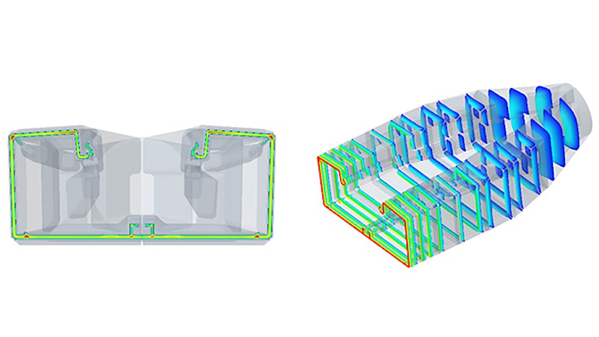 Figures 7 a, b: Extrusion die flow behavior analyses.