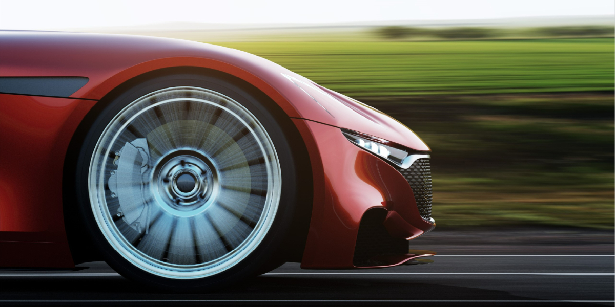 The front end of a red Mazda RX-Vision concept car