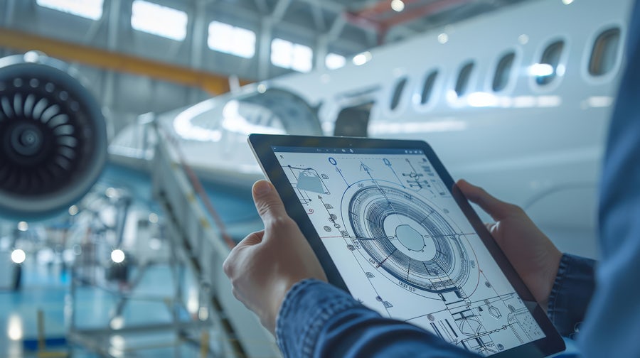 Engineer holds a tablet with detailed aerospace schematics, standing before a sleek aircraft in a modern hangar, representing innovation and precision engineering.