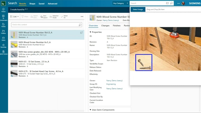 AI-enabled part finder in Teamcenter software. User has uploaded an image with 2 screws sitting in a box and Teamcenter is showing results for 5 part files that may be similar.